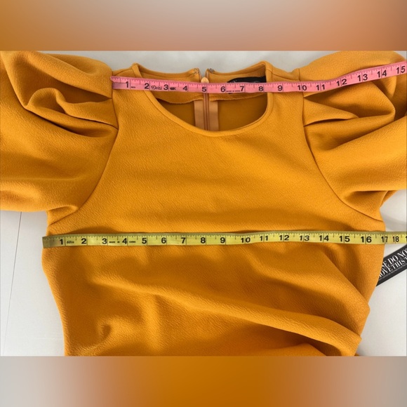 NWT New York & Company Yellow Sheath Dress Size Small Puff Sleeve Bow Detail - Picture 5 of 11